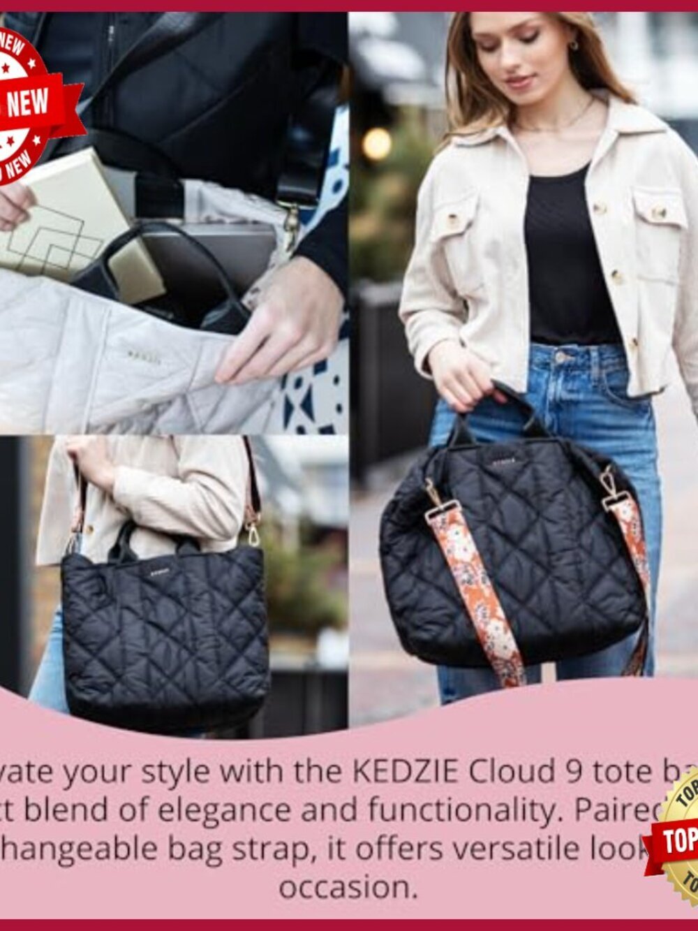 Quilted Puffer Tote Bag with Interchangeable Crossbody Strap - Picture 7 of 7